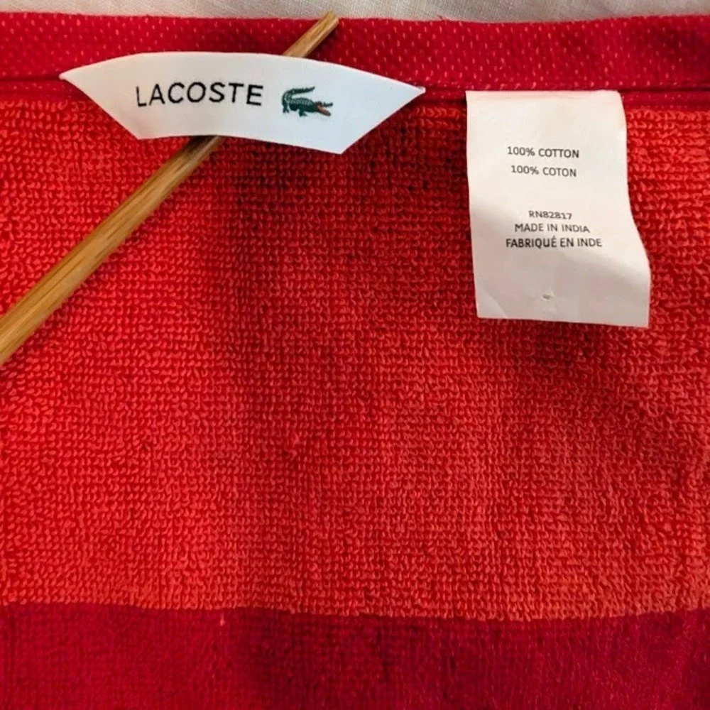 Lacoste Bath Towel Red 30x52 Large Crocodile Logo 100% Cotton w/ Hanging Loop